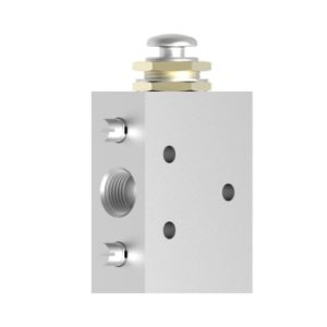 Air piloted valve - Four way miniature Push Button valve, spring return with 1/8 pipe ports.